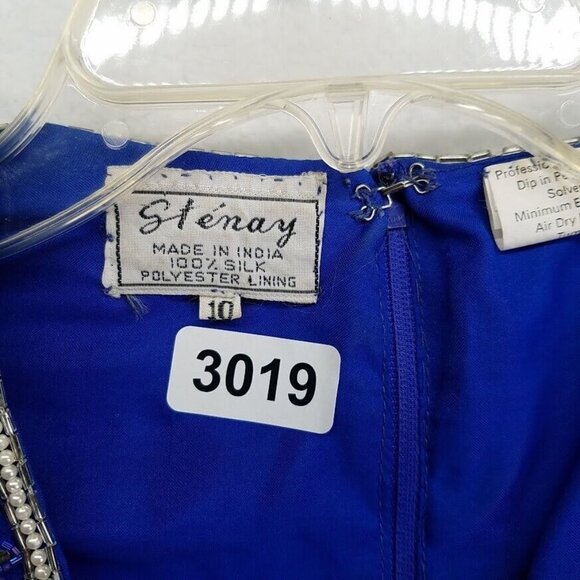 Vintage 2 Piece Silk Blouse Skirt Set Size 10 Blue Silver Beaded Shoulder Pads - Picture 12 of 12